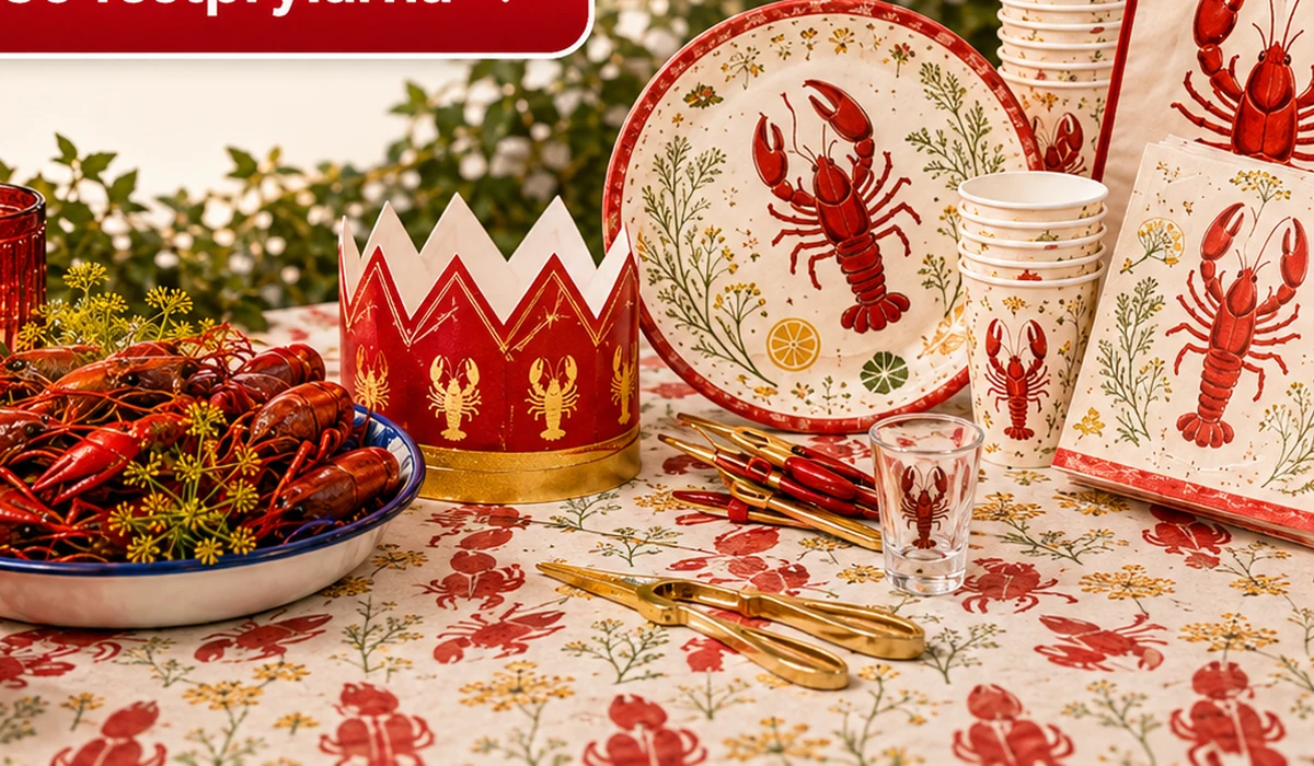 Kräftor och festtillbehör på ett dukat bord