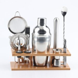 11 in 1 Stainless Steel Cocktail Shaker Tools Set with Wooden Mount, Capacity: 750ml
