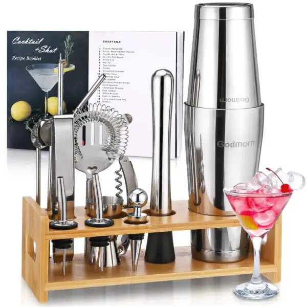 Cocktail Shaker Set Bartender Kit, 16st Boston Shaker Bar Tool Set, 304 rostfritt stål Martini Shaker med bambu stativ