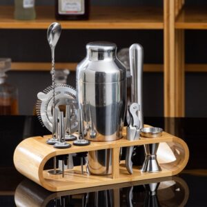 12 in 1 Stainless Steel Bartender Set with Oval Wooden Frame Base Bar Bartending Tools, Style: 700ml