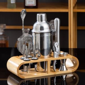 12 in 1 Stainless Steel Bartender Set with Oval Wooden Frame Base Bar Bartending Tools, Style: 750ml