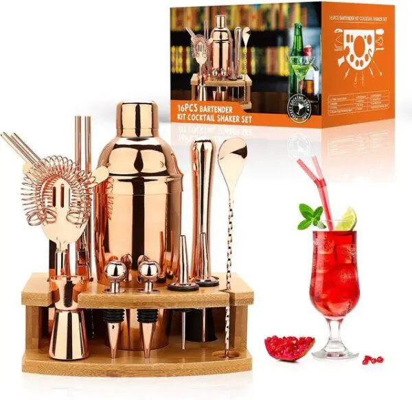 16-i-1 bartender kit med snyggt bambuställ, cocktailtillverkningssats, verktyg för cocktailbartending